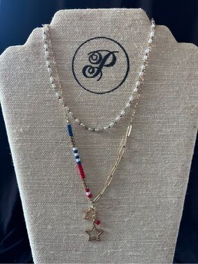 Plunder Gold Layered Star Necklace with Red, White & Blue Beads
